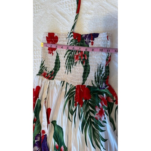 Aloha Fashion Hawaiian Smocked Halter Pixie Dress One Size White Red Floral - Picture 5 of 13